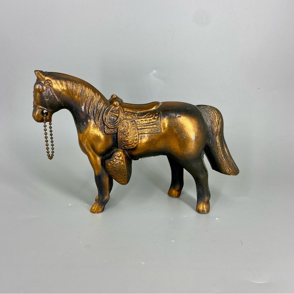 Mid Century Horse Bank Figurine Copper Metal Filly with Saddles